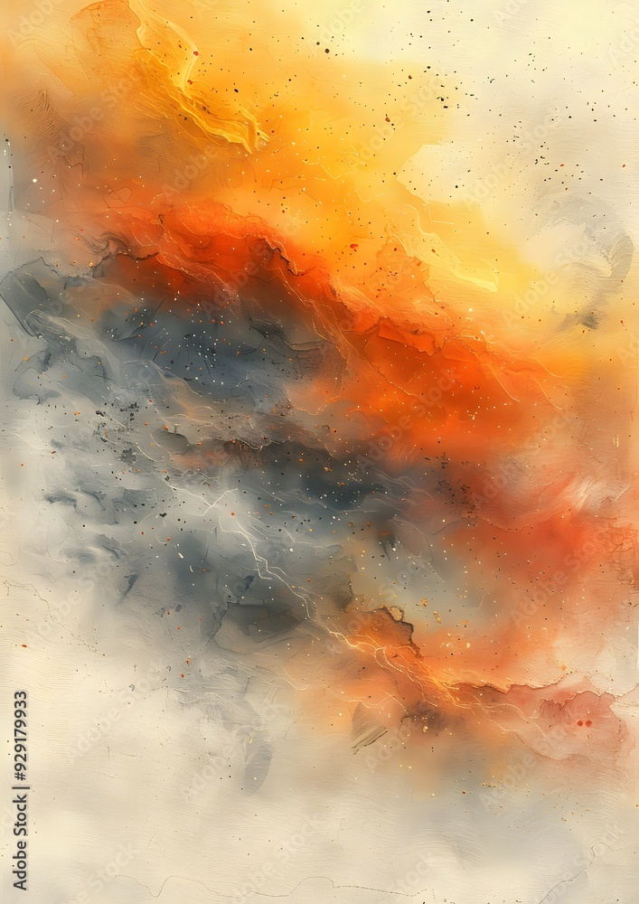 A painting of a space with orange and blue colors. The painting has a lot of texture and looks like it's made with watercolors A painting of a space with orange and blue colors. The painting has a lot of texture and looks like it's made with watercolors