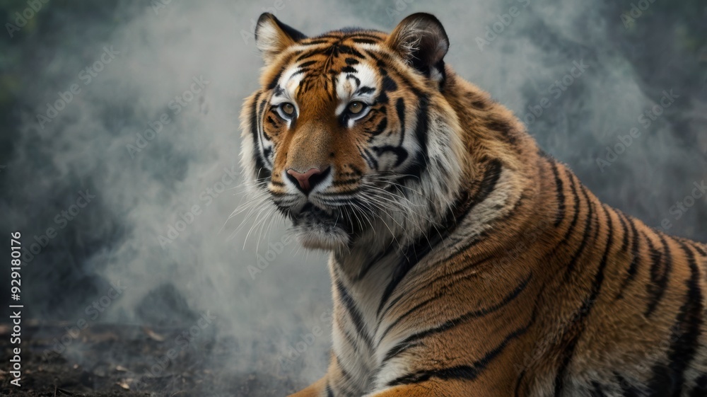 Naklejka premium Portrait of a beautiful Tiger in the jungle with smoke background.