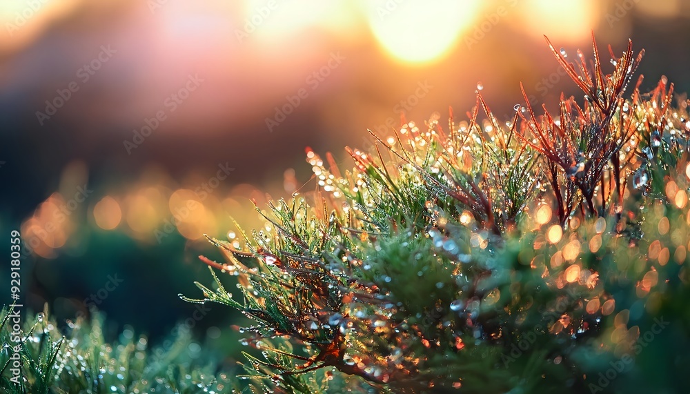 A macro shot of a dew-covered bush in the early morning, highlighting the intricate details of nature; artistic image with natural light.