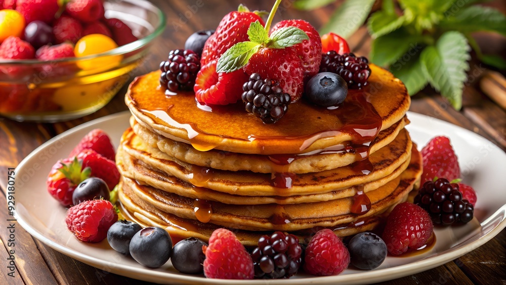 Whole grain pancakes served with maple syrup and berries with a delicious and hearty vibe against a rustic table backdrop
Whole grain pancakes served with maple syrup and berries with a delicious and hearty vibe against a rustic table backdrop