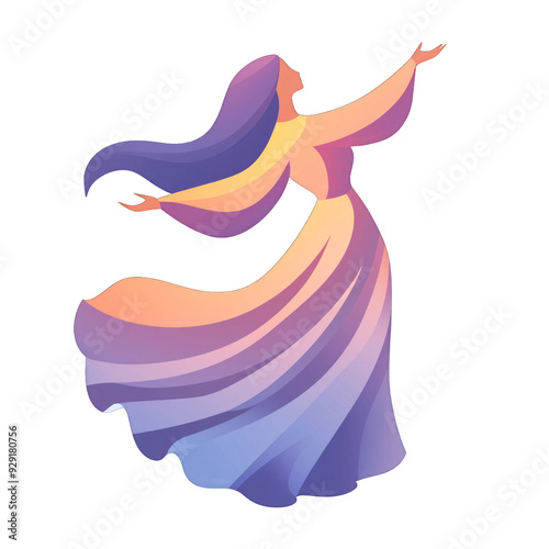 An elegant woman in a flowing dress with vibrant colors, expressing joy and freedom through graceful movement. transparent background