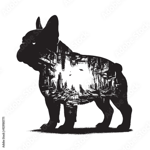silhouette of French Bulldog, filled with destroyed futuristic dystopia environment in rough drawing,