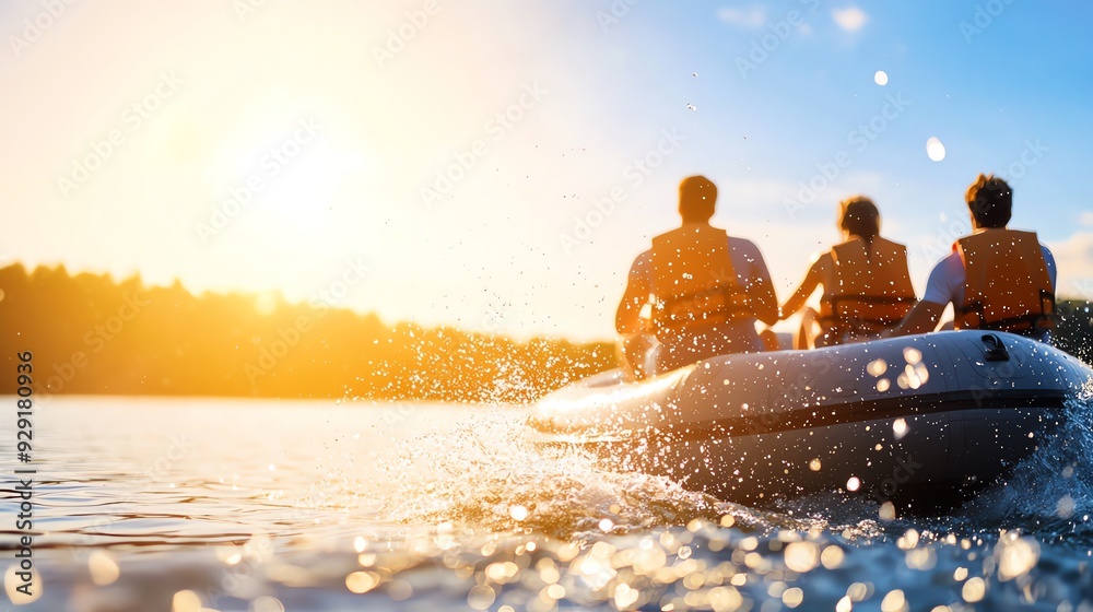 Three people enjoy a peaceful boat ride on a sparkling lake at sunset, surrounded by nature's beauty and warm sunlight. Three people enjoy a peaceful boat ride on a sparkling lake at sunset, surrounded by nature's beauty and warm sunlight.