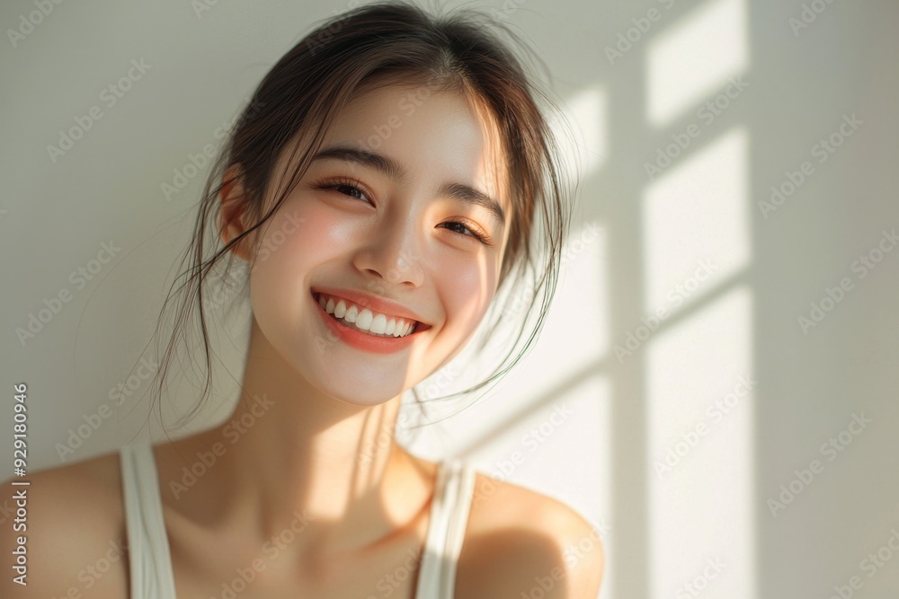 Beautiful young Asian woman smiling and happy created with Generative AI Beautiful young Asian woman smiling and happy created with Generative AI