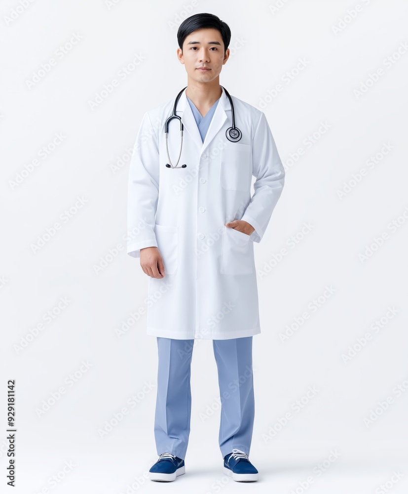 Confident male doctor in white coat with stethoscope, standing against a white background, ready for medical duties. Confident male doctor in white coat with stethoscope, standing against a white background, ready for medical duties.