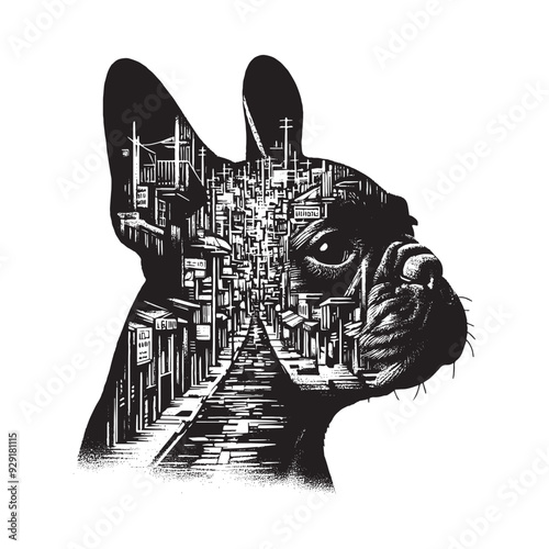 silhouette of French Bulldog, filled with ghetto street in rough drawing,