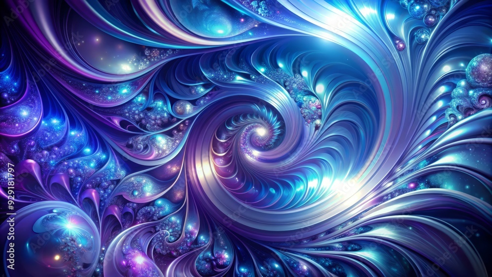 Vibrant abstract background featuring swirling shapes and intricate textures in shades of blue, purple, and silver, evoking a sense of futuristic sophistication and elegance.