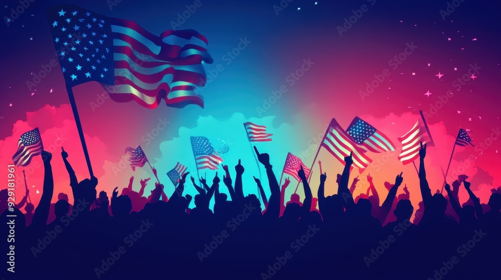A lively gathering with people joyfully holding up flags under a vibrant sky at dusk A lively gathering with people joyfully holding up flags under a vibrant sky at dusk