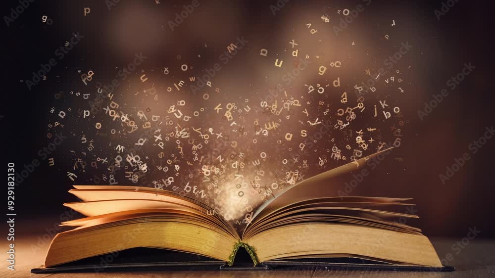 Open book with letters falling into the pages. Looped animation with flying particles and magic light.