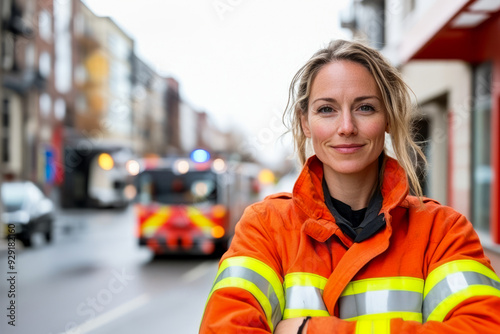 Confident Female Firefighter in Uniform on City Street