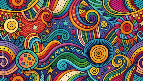 Vibrant abstract design featuring a whimsical squiggle pattern in bright colors intertwined with bold, geometric lines, creating a dynamic and playful visual contrast.