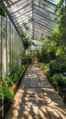 A spacious greenhouse filled with vibrant plants and advanced climate control systems