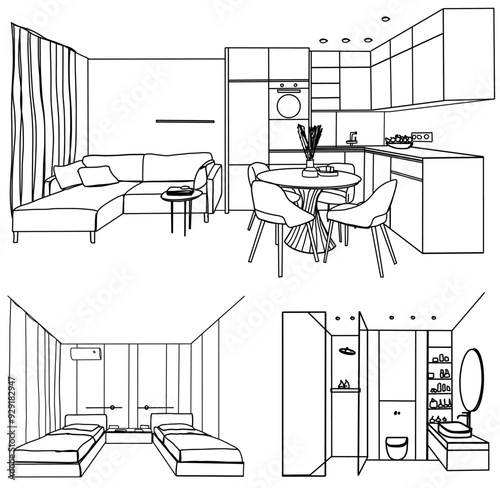 Set of different interior sketch, kitchen, bathroom, living, children room