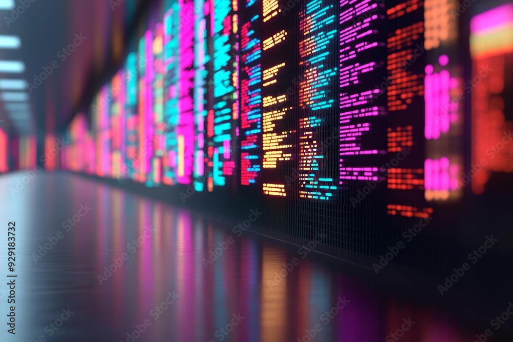 Obraz premium Digital background featuring colorful lights and data streams on the right side, creating an abstract tech-inspired backdrop