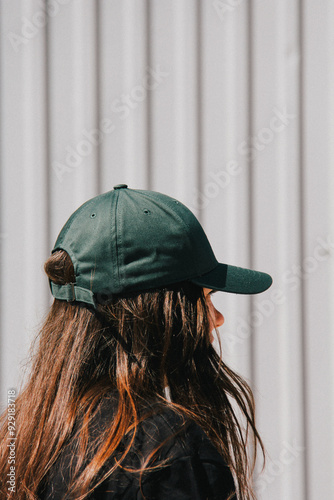 Obraz na płótnie A profile view of a woman wearing a green cap. The light, subtle blur, and graininess focus attention on her relaxed posture, creating a minimalist yet visually compelling image. w salonie