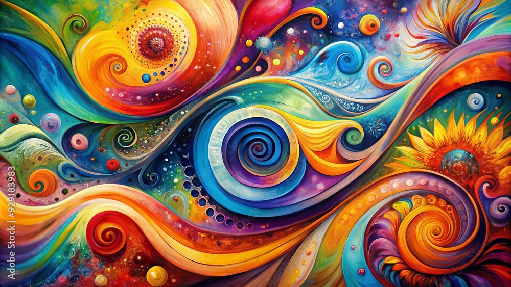 Vibrant abstract painting featuring swirling shapes, colors, and textures, blending modern art styles with eclectic patterns and bold brushstrokes on a large canvas. Vibrant abstract painting featuring swirling shapes, colors, and textures, blending modern art styles with eclectic patterns and bold brushstrokes on a large canvas.