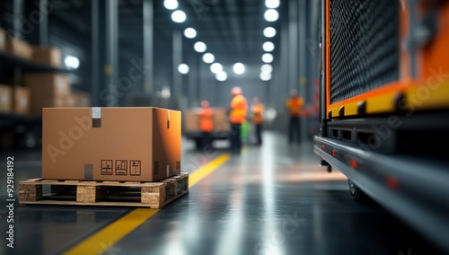 Truck unloading boxes and pallets in an industrial warehouse with workers wearing orange safety jackets photo