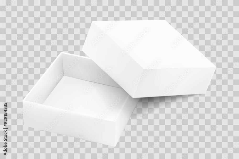 Cardboard square open box, mockup design template. Vector realistic 3d illustration of white container on transparent background. Blank modern package for branding Cardboard square open box, mockup design template. Vector realistic 3d illustration of white container on transparent background. Blank modern package for branding