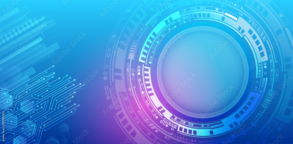 Obraz premium Digital communication, data protection, high tech presentation, scientific cover. Blue futuristic background consists of circles and other technological elements.