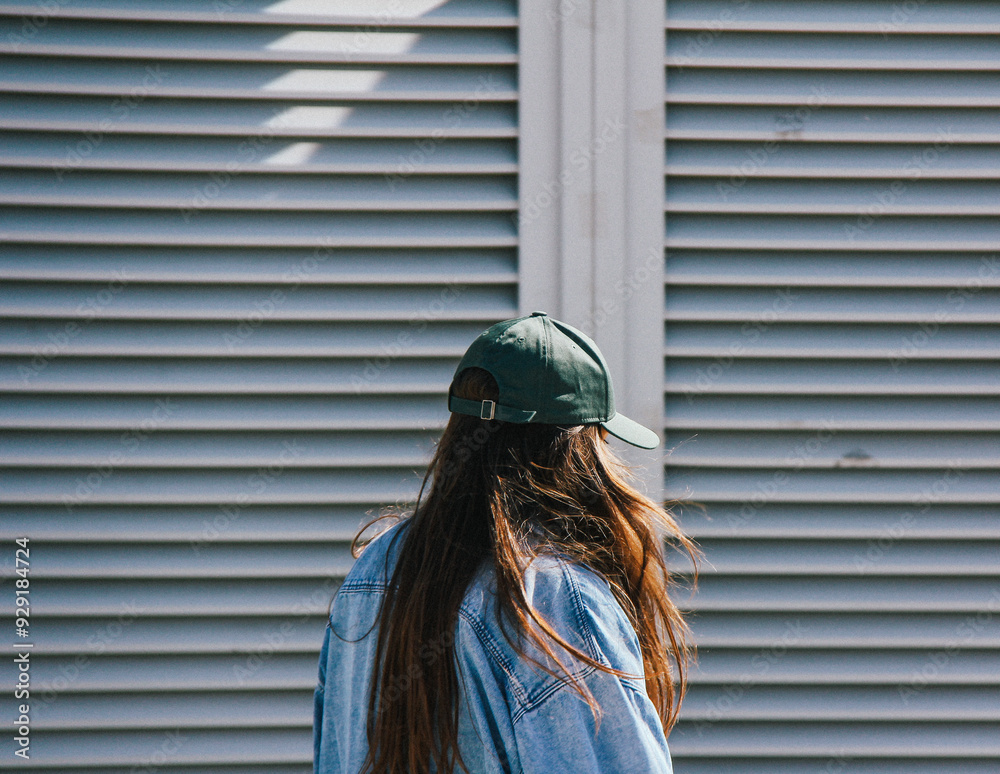 A woman in a casual outfit walks outdoors, her denim jacket and green cap blending with the urban backdrop. The slight blur and natural grain give the image a relaxed, artistic feel.