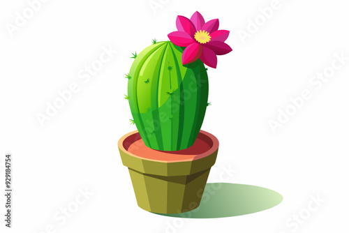 A 3D cactus with a single, vibrant flower blooming amidst a stark white background