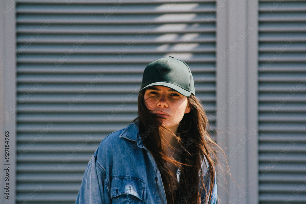 A close-up of a woman in a green cap, her face partially hidden by her hair and the shadows. The slight grain and blur create a mysterious, artistic mood.