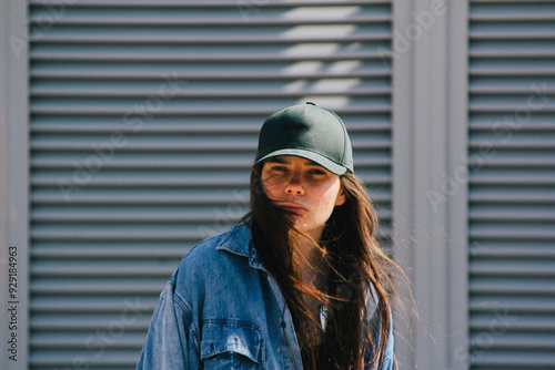Obraz na płótnie A close-up of a woman in a green cap, her face partially hidden by her hair and the shadows. The slight grain and blur create a mysterious, artistic mood. w salonie
