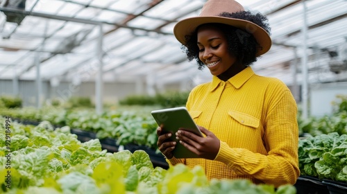 A farmer in a yellow sweater and hat checks crop data on a tablet in a greenhouse filled with plants