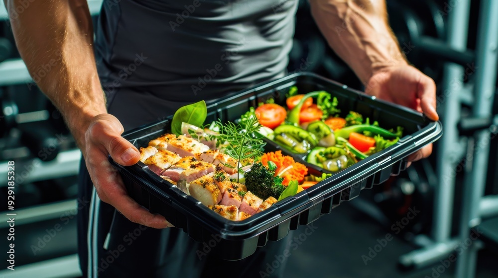 Man holding a black plastic container with a healthy fitness meal, featuring white meat, fresh green salad, and vegetables, standing in a gym interior. Man holding a black plastic container with a healthy fitness meal, featuring white meat, fresh green salad, and vegetables, standing in a gym interior.