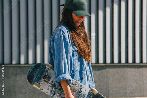 Obraz na płótnie A young woman in a green cap and denim jacket, captured in a candid moment with a skateboard. The graininess and blur add a gritty, urban artistic effect to the photograph. w salonie
