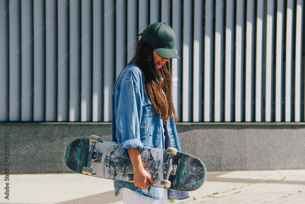 A young woman in a green cap and denim jacket, captured in a candid moment with a skateboard. The graininess and blur add a gritty, urban artistic effect to the photograph.