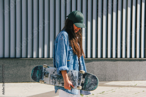Obraz na płótnie A young woman in a green cap and denim jacket, captured in a candid moment with a skateboard. The graininess and blur add a gritty, urban artistic effect to the photograph. w salonie