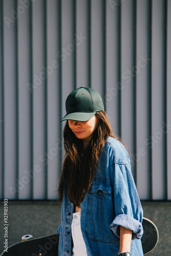 Obraz na płótnie A young woman in a green cap and denim jacket, captured in a candid moment with a skateboard. The graininess and blur add a gritty, urban artistic effect to the photograph. w salonie