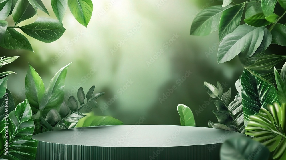 Green Podium in Lush Jungle: A circular platform surrounded by vibrant green foliage, bathed in soft sunlight. Green Podium in Lush Jungle: A circular platform surrounded by vibrant green foliage, bathed in soft sunlight.