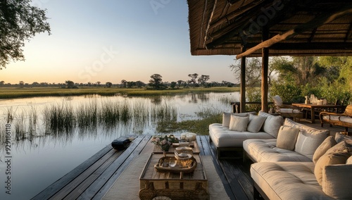 A porch overlooking a tranquil river at sunset.
