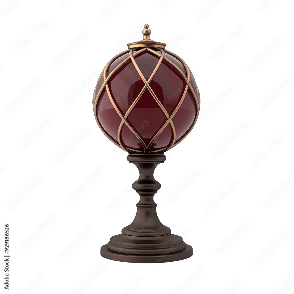 Elegant decorative lamp with a rich burgundy globe embellished with a golden cage design, perfect for enhancing interior aesthetics. transparent background Elegant decorative lamp with a rich burgundy globe embellished with a golden cage design, perfect for enhancing interior aesthetics. transparent background