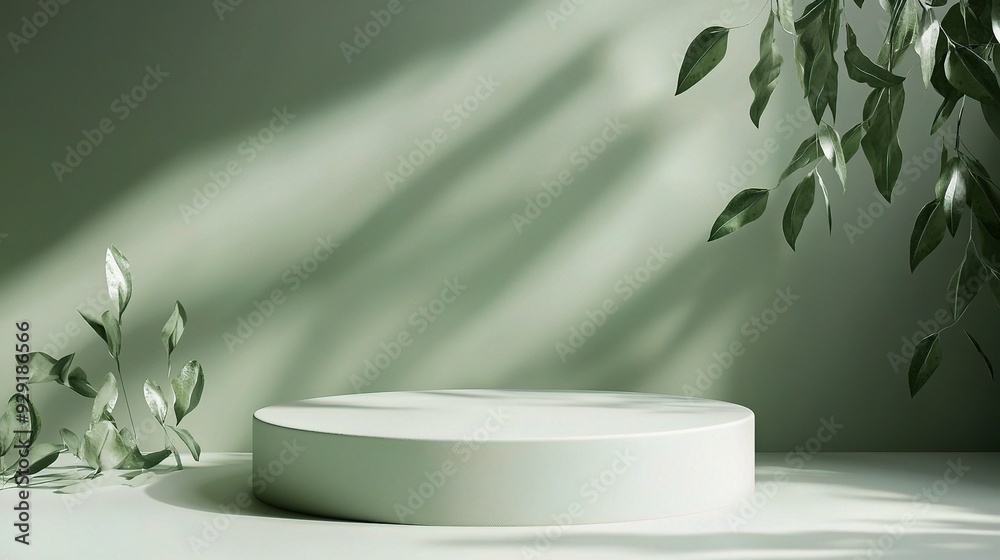 Green Minimalist Podium with Sunlight and Foliage Green Minimalist Podium with Sunlight and Foliage
