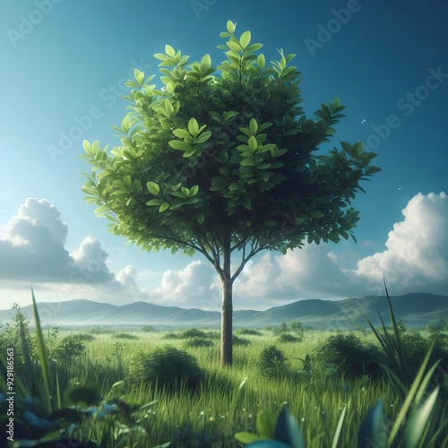 A lone tree in a green field beneath a bright sky.
