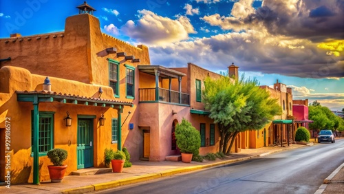 Vibrant adobe architecture and rustic charm abound in this quaint small town streetscape, showcasing Gallup's rich Native American heritage and Southwestern New Mexico flavor.