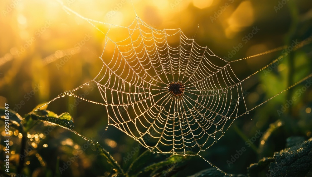 Dew-covered spider web in morning sunlight. Dew-covered spider web in morning sunlight.