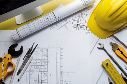 Construction tools, blueprints, and safety helmet on a desk. Architectural and engineering workspace concept. Top view.