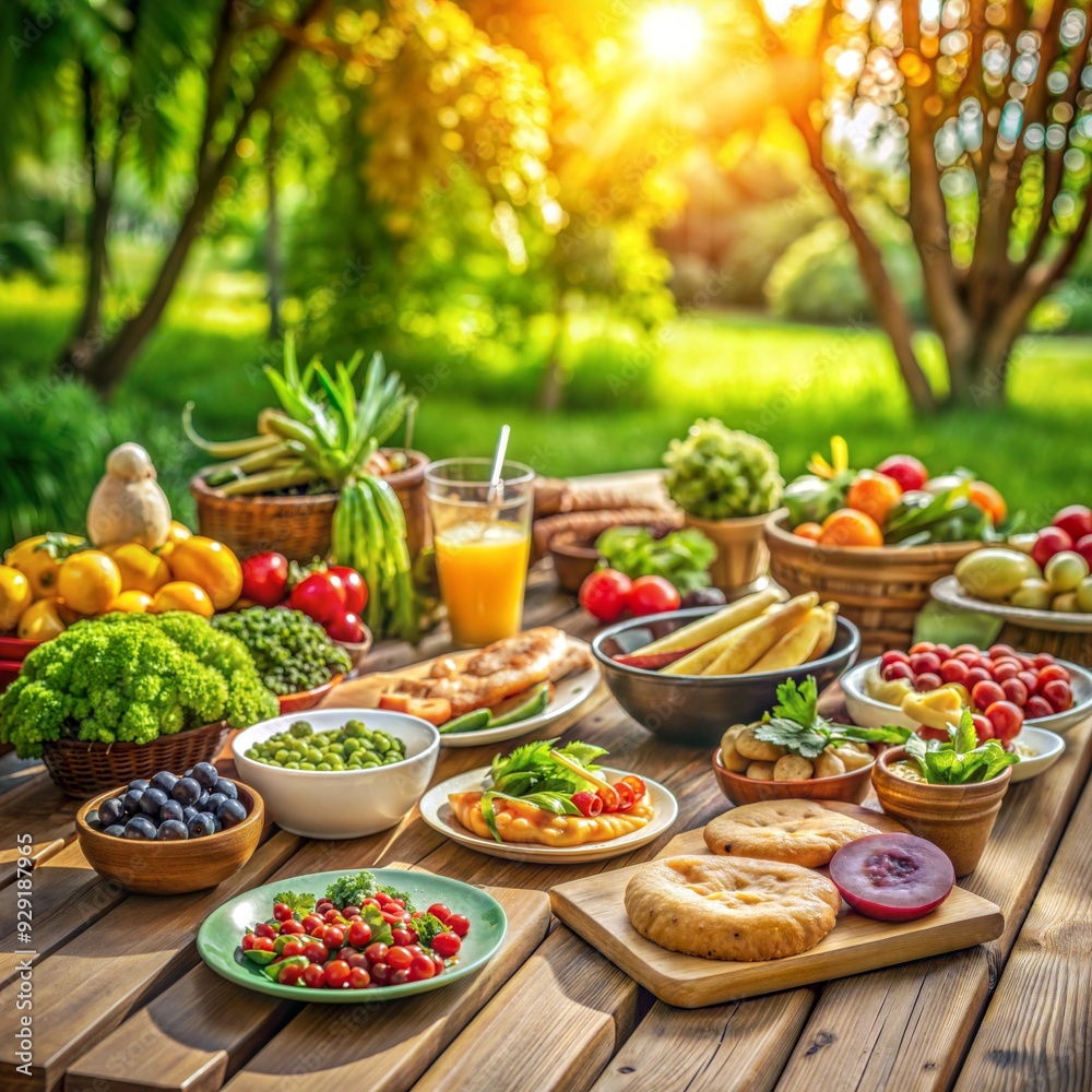 Colorful Vegan Picnic Spread on Wooden Table in Sunlit Garden Colorful Vegan Picnic Spread on Wooden Table in Sunlit Garden