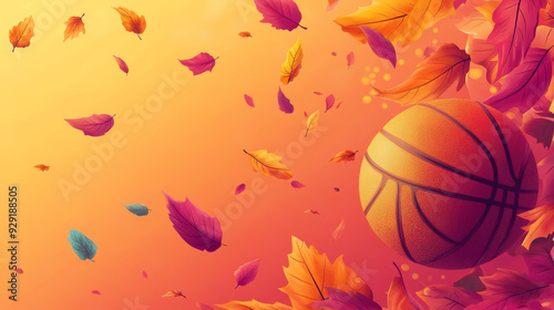 A basketball floats in the air, surrounded by colorful autumn leaves, symbolizing the changing seasons, a new beginning, and the thrill of competition. The warm orange background represents the sun's 