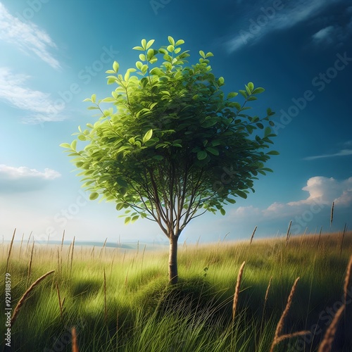 A tree in an open field with a clear sky above.