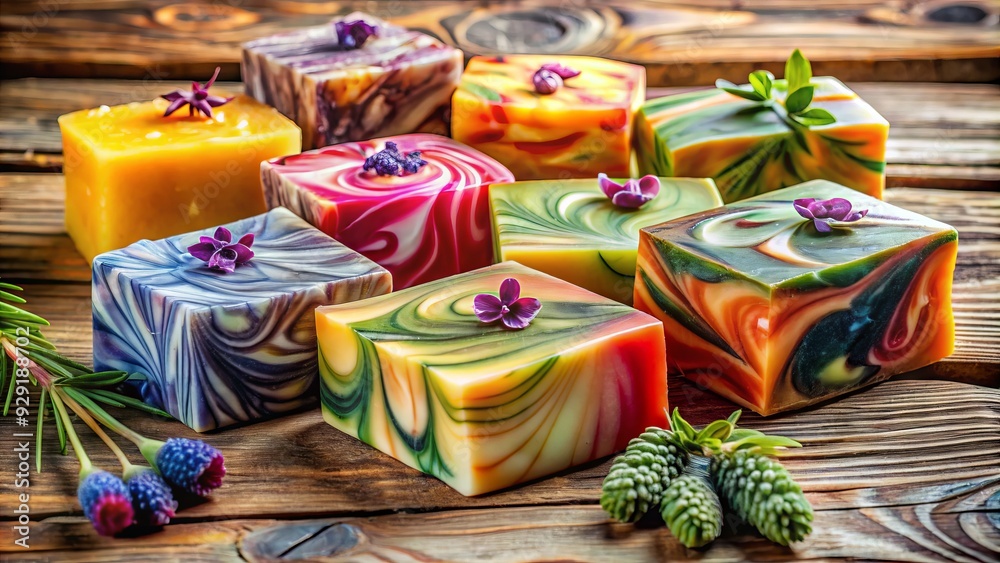 Vibrant artisanal soaps infused with nourishing essential oils, carefully crafted with natural ingredients and colorful swirls, arranged on a rustic wooden background. Vibrant artisanal soaps infused with nourishing essential oils, carefully crafted with natural ingredients and colorful swirls, arranged on a rustic wooden background.