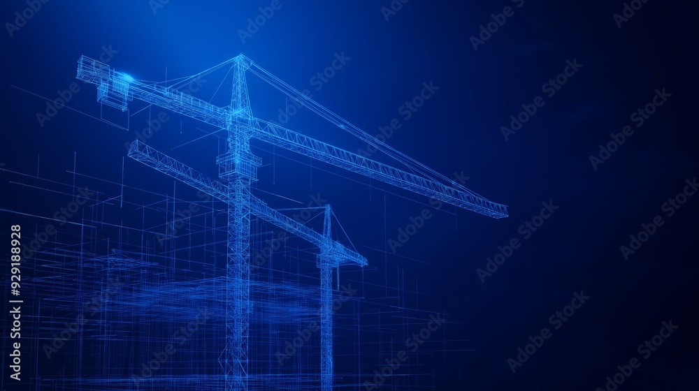 Digital wireframe of construction cranes on a blue background, representing modern architecture, engineering, and construction technology. Digital wireframe of construction cranes on a blue background, representing modern architecture, engineering, and construction technology.