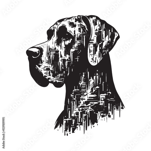 silhouette of Great Dane, filled with destroyed futuristic dystopia environment in rough drawing,