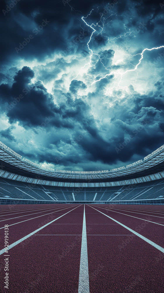 A dramatic image of a red running track in an empty stadium, with a stormy sky overhead and lightning strikes, symbolizing perseverance, challenge, overcoming obstacles, the power of nature, and athle A dramatic image of a red running track in an empty stadium, with a stormy sky overhead and lightning strikes, symbolizing perseverance, challenge, overcoming obstacles, the power of nature, and athle