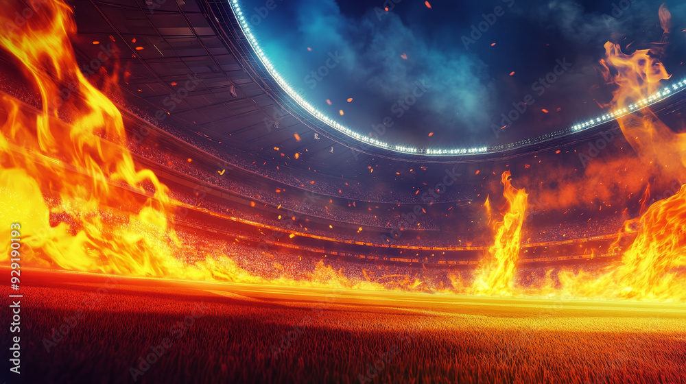 A football stadium engulfed in flames, symbolizing passion, intensity, competition, and the pursuit of victory. The burning field represents the heat of the game. A football stadium engulfed in flames, symbolizing passion, intensity, competition, and the pursuit of victory. The burning field represents the heat of the game.