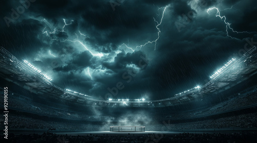 A dramatic image of an octagon fighting cage in a stadium during a lightning storm, symbolizing intense competition, power, resilience, and the thrill of combat sports.
